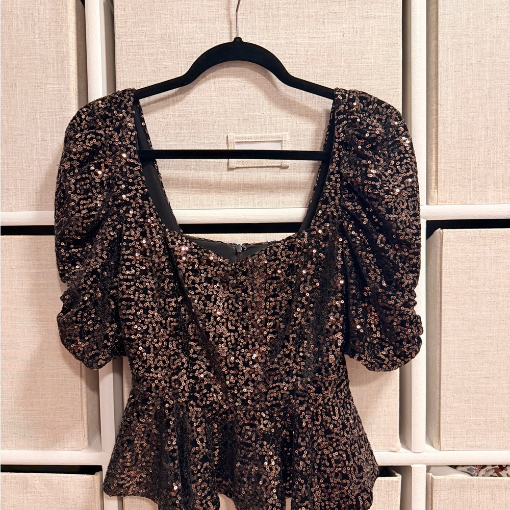 Amanda Uprichard Black and Gold Sequined Peplum Puff Sleeve Top